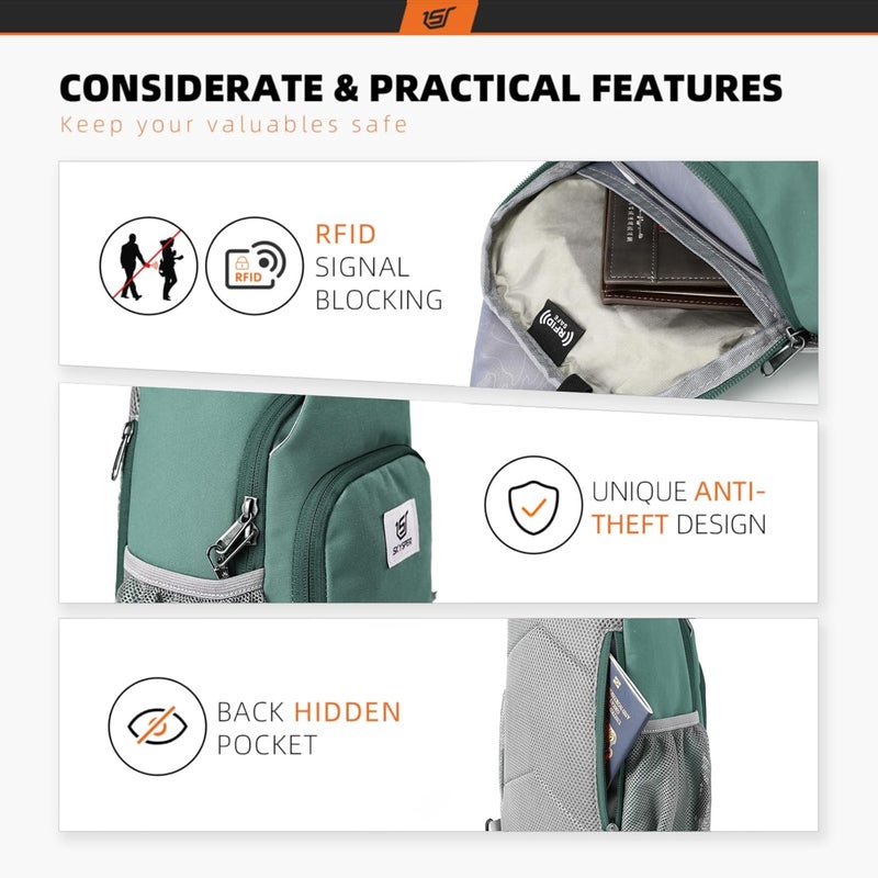 SKYSPER Sling Bag RFID Crossbody Sling Backpack Cross Body Shoulder Bag Travel Hiking Daypack for Women Men(Green) - Image 3